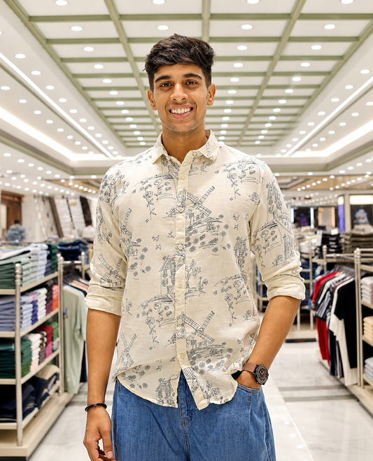 Cream-Black Cotton-Blended Casual Shirt, with Flora and Windmill Prints, Featuring a Spread Collar, Full Sleeves, Slim Fit, and Regular Length