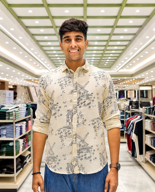 Cream-Black Cotton-Blended Casual Shirt, with Flora and Windmill Prints, Featuring a Spread Collar, Full Sleeves, Slim Fit, and Regular Length