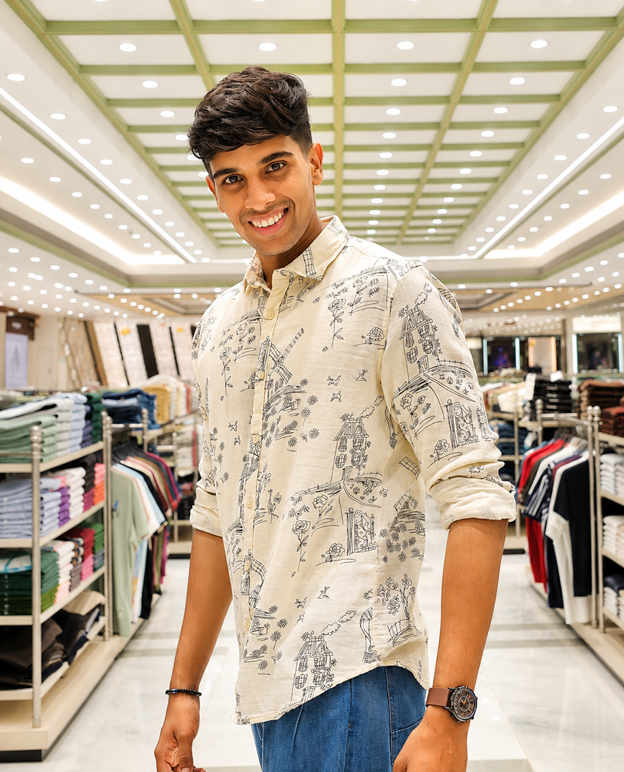 Cream-Black Cotton-Blended Casual Shirt, with Flora and Windmill Prints, Featuring a Spread Collar, Full Sleeves, Slim Fit, and Regular Length