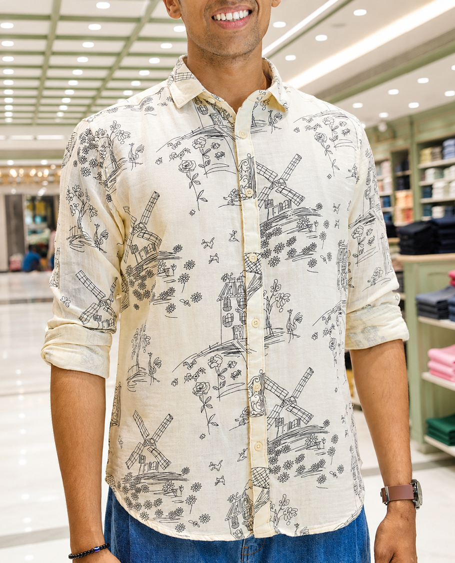 Cream-Black Cotton-Blended Casual Shirt, with Flora and Windmill Prints, Featuring a Spread Collar, Full Sleeves, Slim Fit, and Regular Length