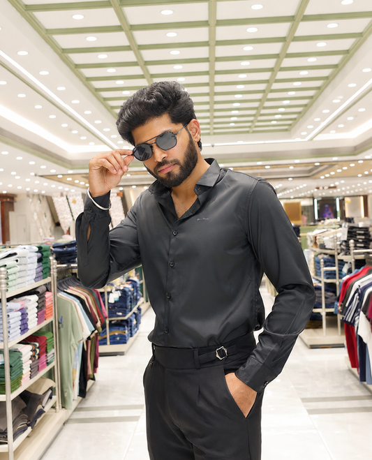 Black Solid Satin Formal Shirt, Featuring a Spread Collar, Full Sleeves, Slim Fit, and Regular Length