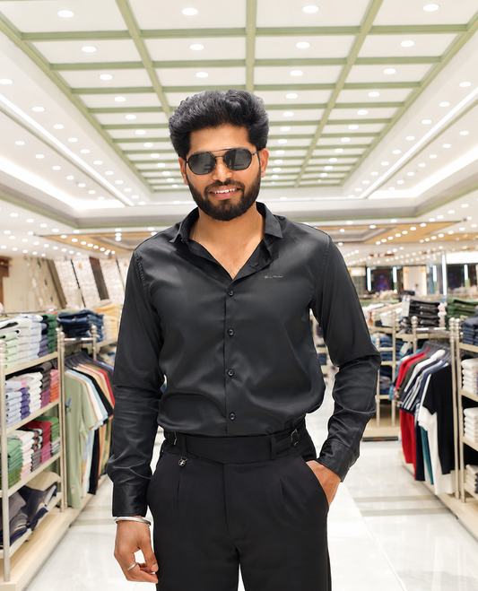 Black Solid Satin Formal Shirt, Featuring a Spread Collar, Full Sleeves, Slim Fit, and Regular Length