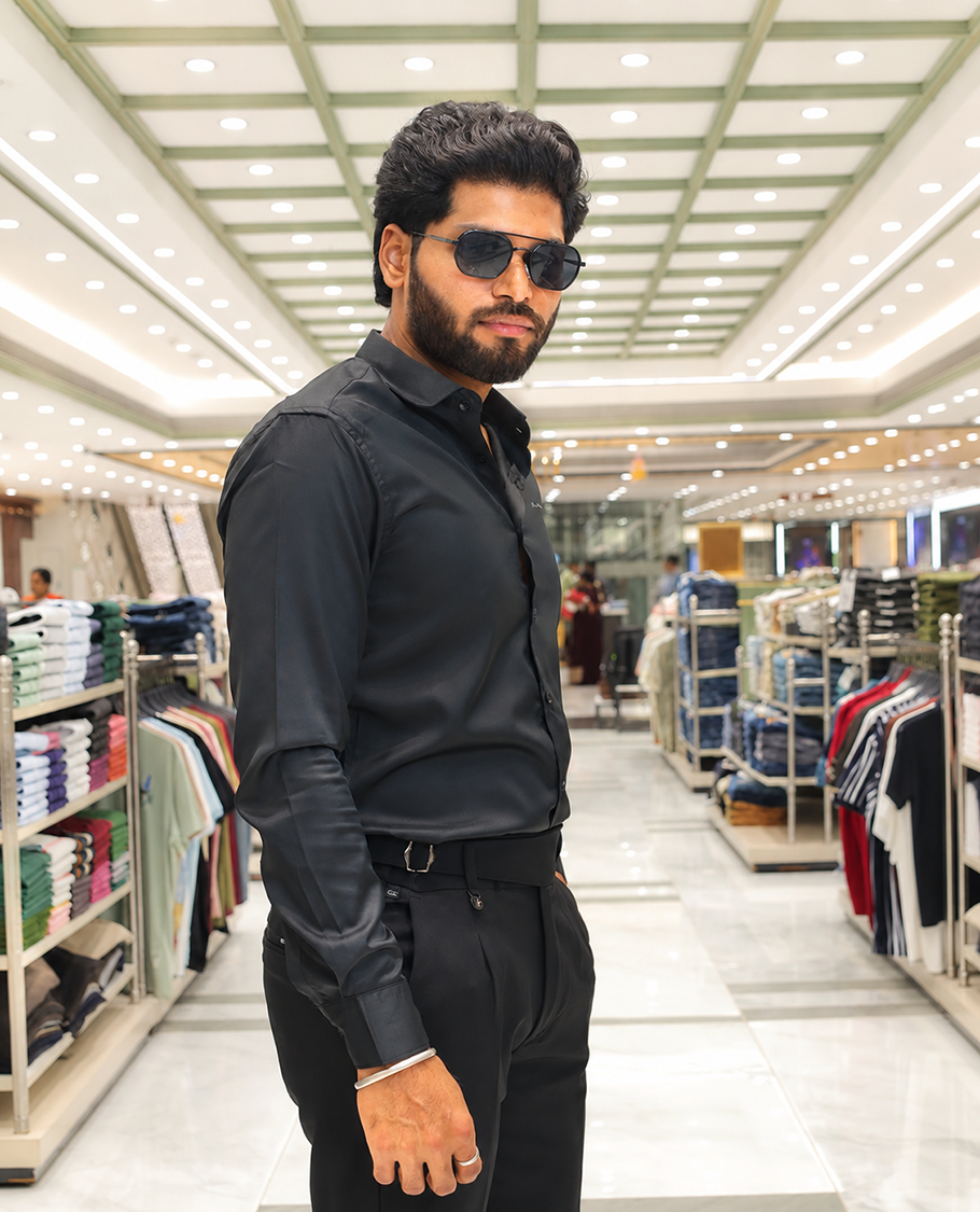 Black Solid Satin Formal Shirt, Featuring a Spread Collar, Full Sleeves, Slim Fit, and Regular Length