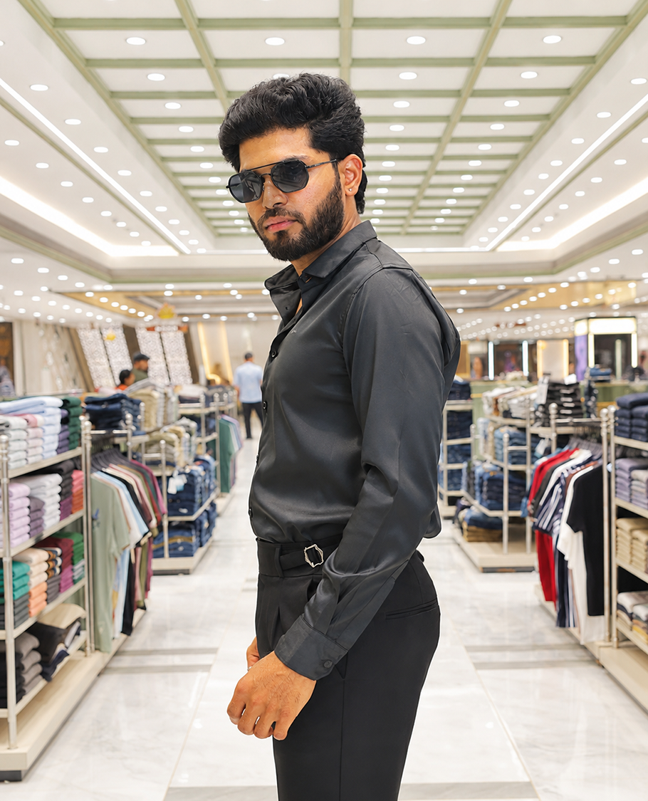 Black Solid Satin Formal Shirt, Featuring a Spread Collar, Full Sleeves, Slim Fit, and Regular Length
