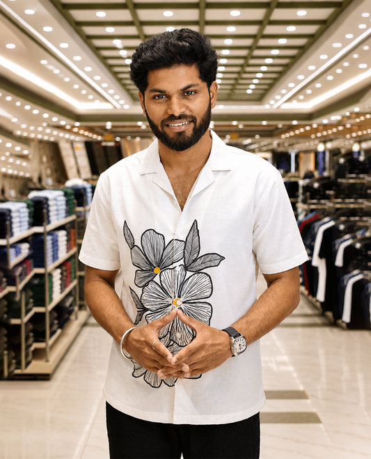 White Cotton-Blended Casual Shirt, Prettified with Floral Motifs Print and Embroidery, Featuring a Cuban Collar, Half Sleeves, Slim Fit, and Regular Length