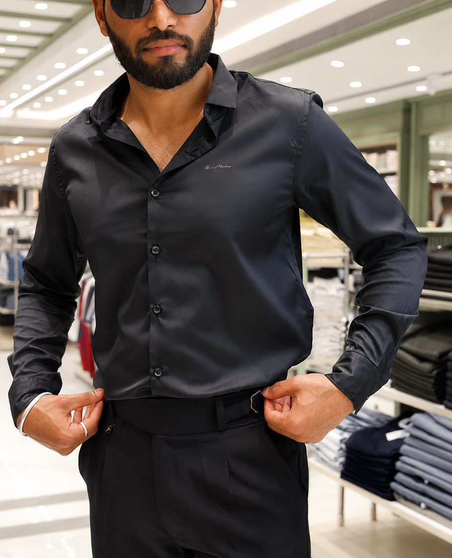 Black Solid Satin Formal Shirt, Featuring a Spread Collar, Full Sleeves, Slim Fit, and Regular Length