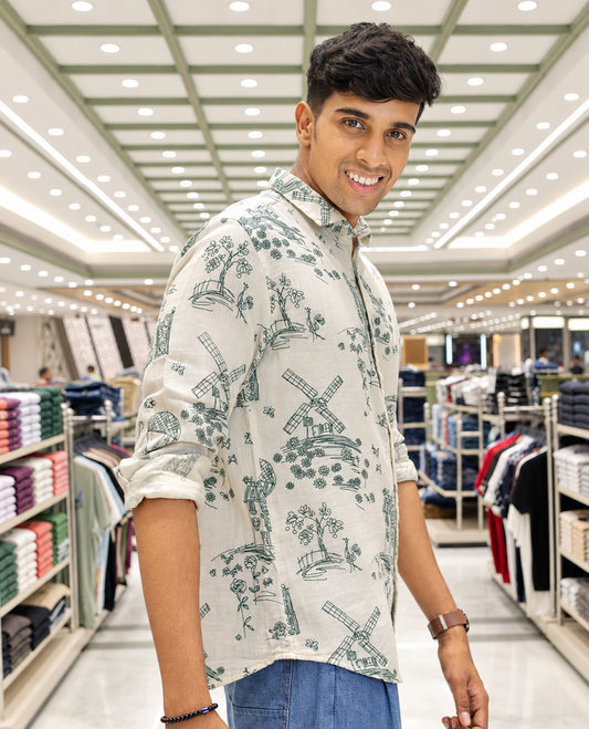 Cream-Green Cotton-Blended Casual Shirt, with Flora and Windmill Prints, Featuring a Spread Collar, Full Sleeves, Slim Fit, and Regular Length