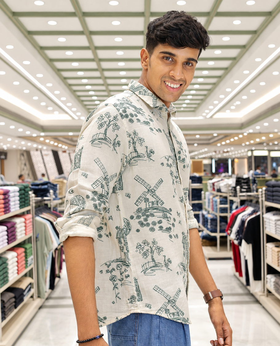 Cream-Green Cotton-Blended Casual Shirt, with Flora and Windmill Prints, Featuring a Spread Collar, Full Sleeves, Slim Fit, and Regular Length