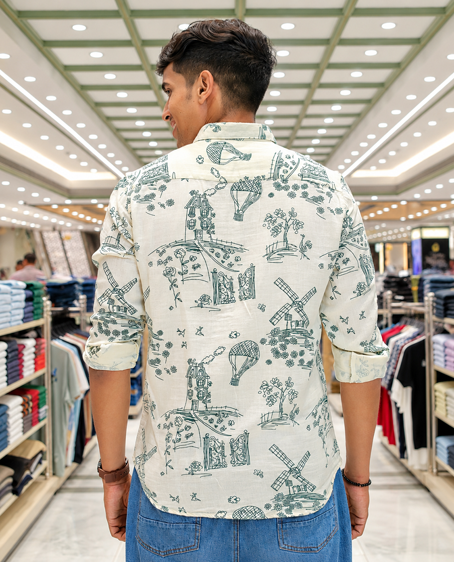 Cream-Green Cotton-Blended Casual Shirt, with Flora and Windmill Prints, Featuring a Spread Collar, Full Sleeves, Slim Fit, and Regular Length