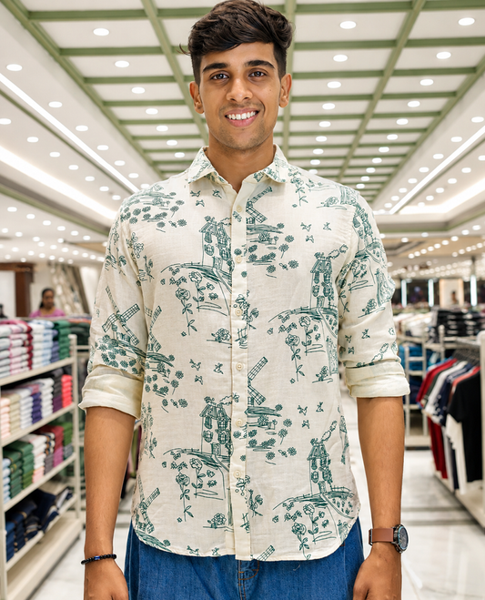 Cream-Green Cotton-Blended Casual Shirt, with Flora and Windmill Prints, Featuring a Spread Collar, Full Sleeves, Slim Fit, and Regular Length