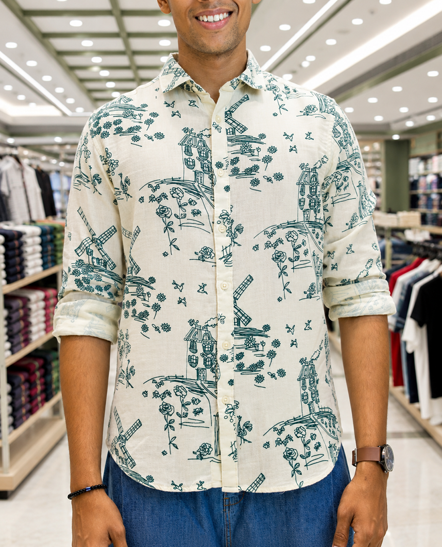 Cream-Green Cotton-Blended Casual Shirt, with Flora and Windmill Prints, Featuring a Spread Collar, Full Sleeves, Slim Fit, and Regular Length