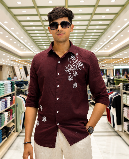 Maroon Cotton-Blended Casual Shirt, Adorned with Flower Thread Outline Embroidery, Featuring a Spread Collar, Full Sleeves, Slim Fit, and Regular Length
