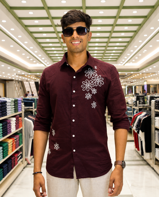Maroon Cotton-Blended Casual Shirt, Adorned with Flower Thread Outline Embroidery, Featuring a Spread Collar, Full Sleeves, Slim Fit, and Regular Length