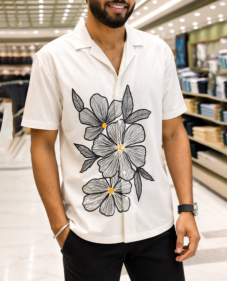 White Cotton-Blended Casual Shirt, Prettified with Floral Motifs Print and Embroidery, Featuring a Cuban Collar, Half Sleeves, Slim Fit, and Regular Length
