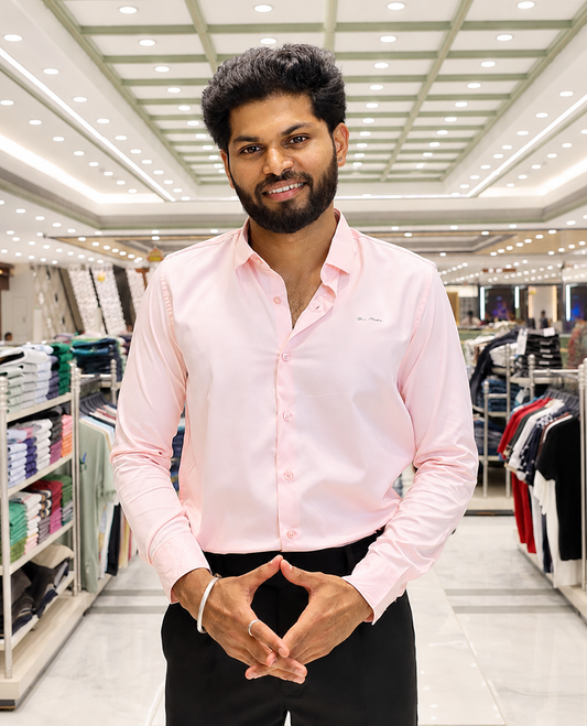 Pink Solid Satin Formal Shirt, Featuring a Spread Collar, Full Sleeves, Slim Fit, and Regular Length