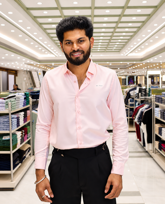 Pink Solid Satin Formal Shirt, Featuring a Spread Collar, Full Sleeves, Slim Fit, and Regular Length