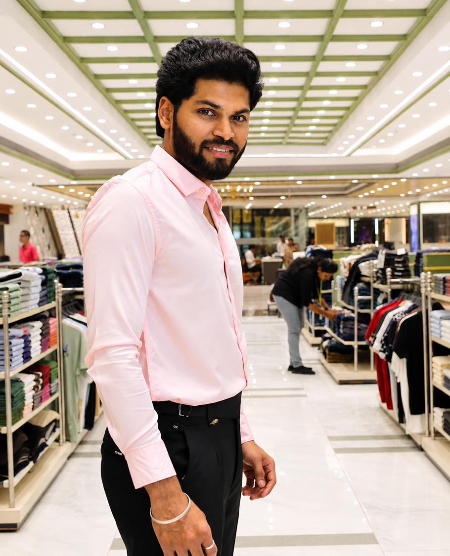 Pink Solid Satin Formal Shirt, Featuring a Spread Collar, Full Sleeves, Slim Fit, and Regular Length