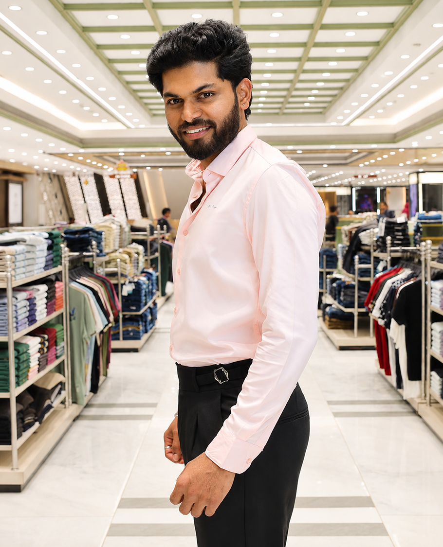 Pink Solid Satin Formal Shirt, Featuring a Spread Collar, Full Sleeves, Slim Fit, and Regular Length
