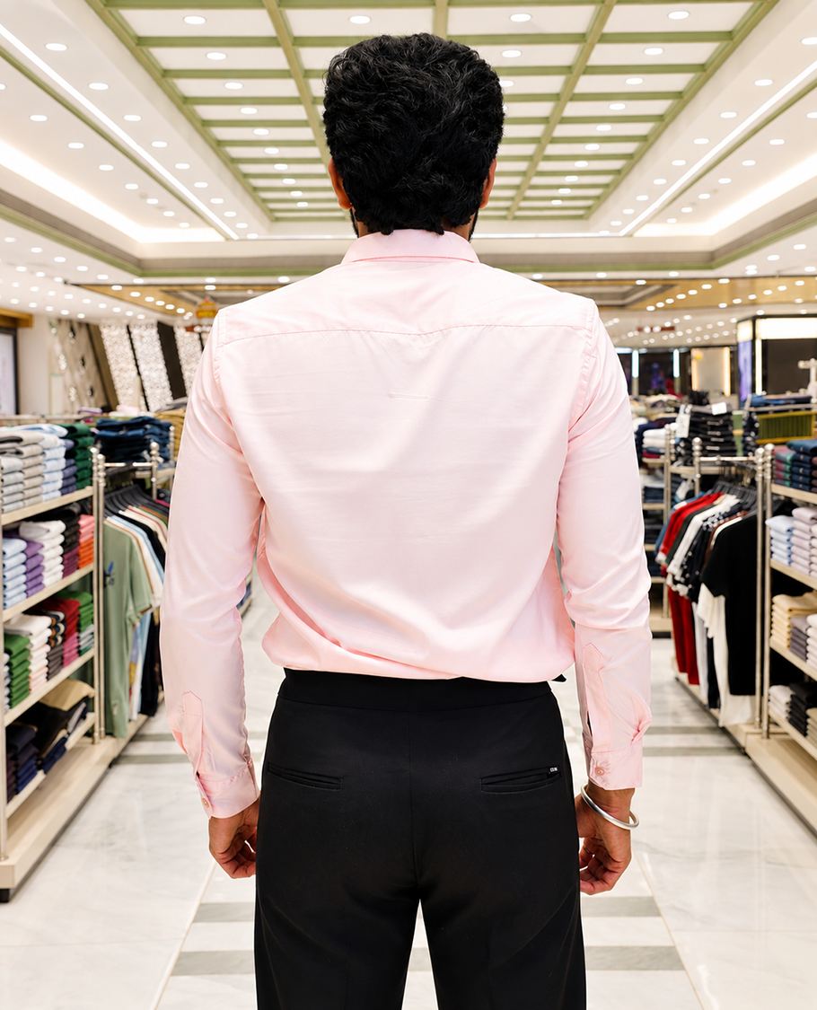 Pink Solid Satin Formal Shirt, Featuring a Spread Collar, Full Sleeves, Slim Fit, and Regular Length