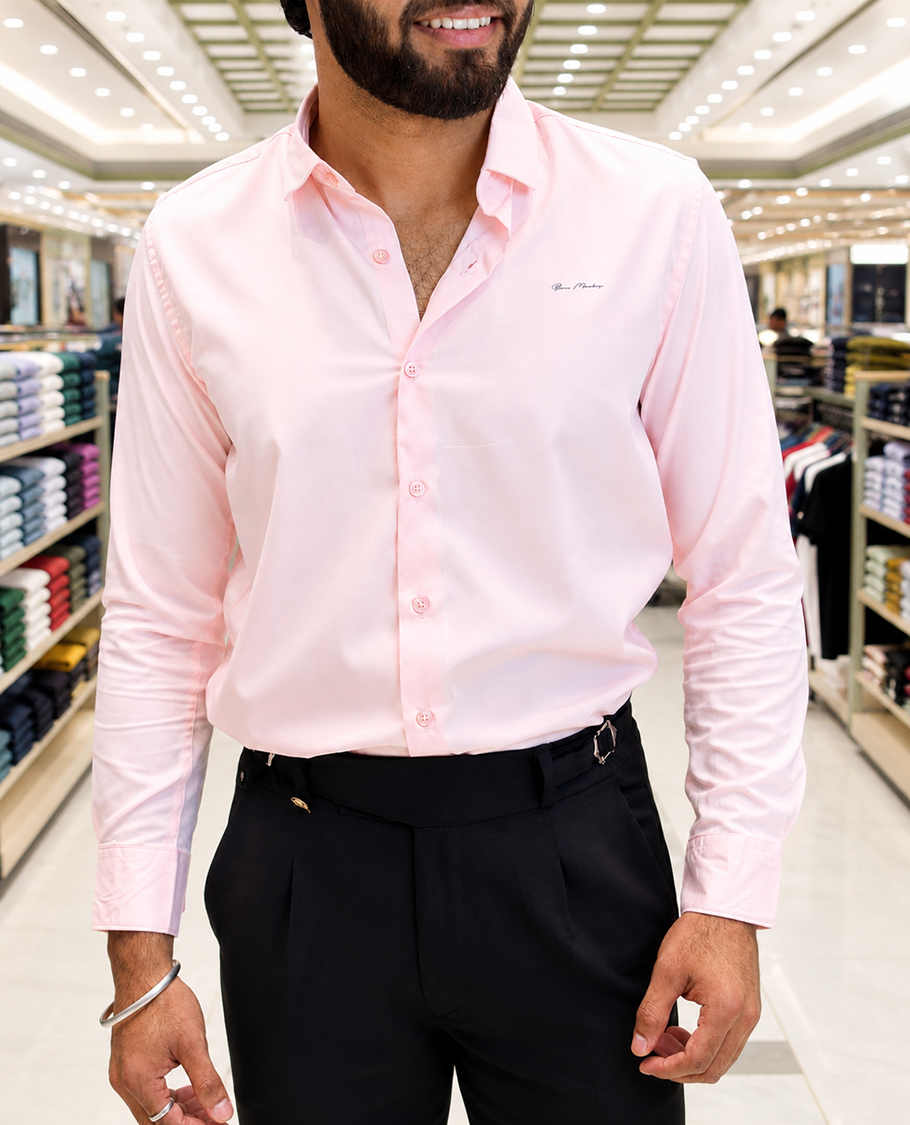 Pink Solid Satin Formal Shirt, Featuring a Spread Collar, Full Sleeves, Slim Fit, and Regular Length