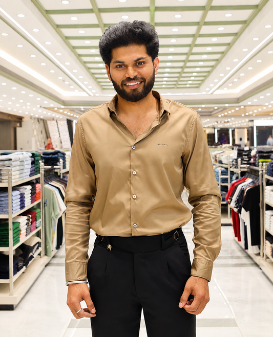 Khaki Solid Satin Formal Shirt, Featuring a Spread Collar, Full Sleeves, Slim Fit, and Regular Length
