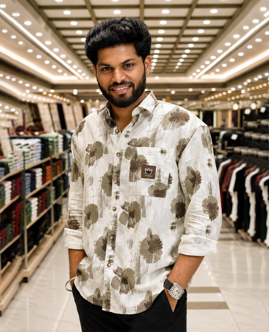 Cream Cotton-Blended Casual Shirt Featuring Abstract Print, a Spread Collar, Full Sleeves, Oversized Fit, and Regular Length