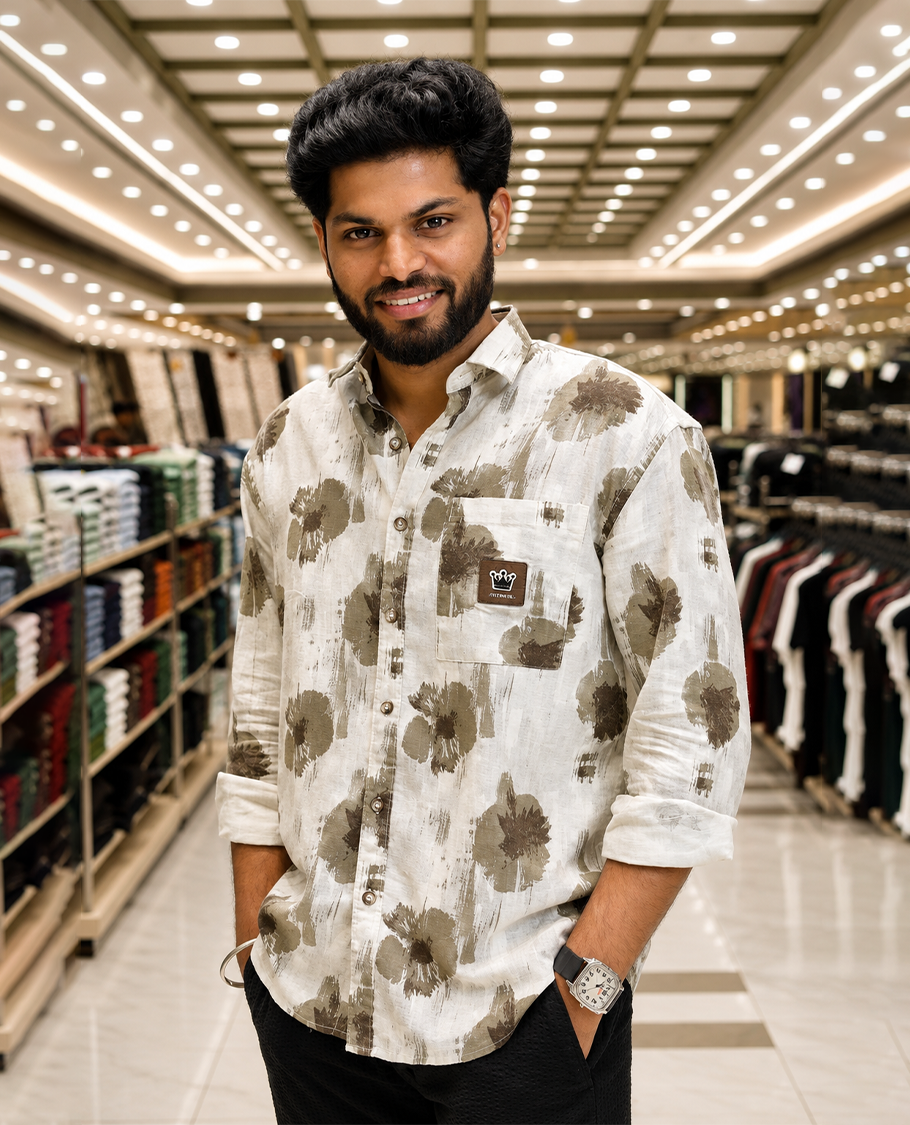 Cream Cotton-Blended Casual Shirt Featuring Abstract Print, a Spread Collar, Full Sleeves, Oversized Fit, and Regular Length