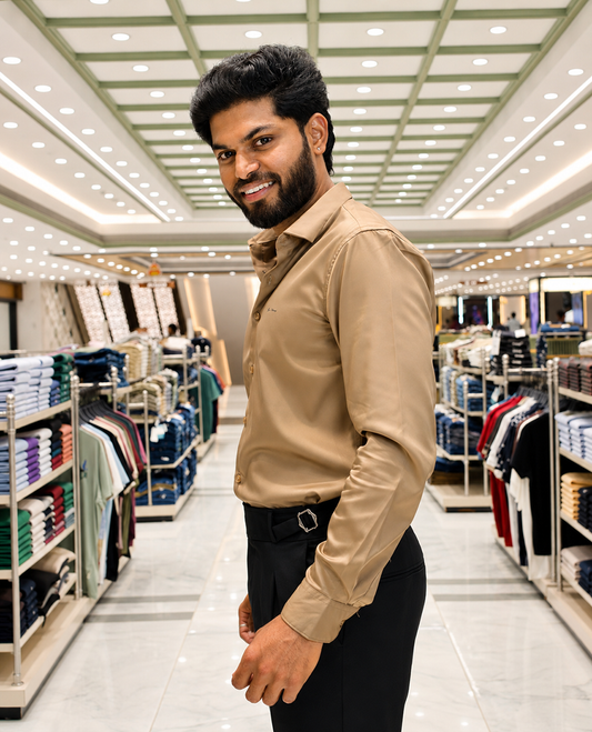 Khaki Solid Satin Formal Shirt, Featuring a Spread Collar, Full Sleeves, Slim Fit, and Regular Length