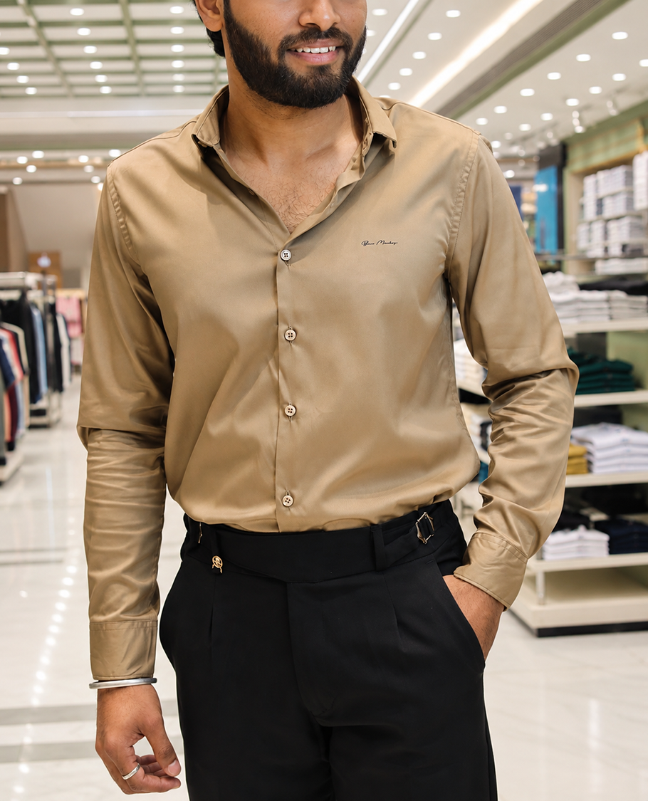 Khaki Solid Satin Formal Shirt, Featuring a Spread Collar, Full Sleeves, Slim Fit, and Regular Length