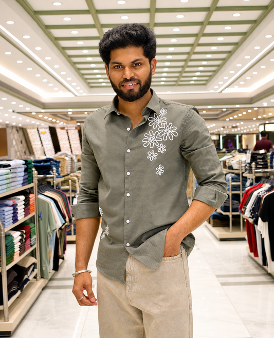 Green Cotton-Blended Casual Shirt, Subtly Sparkled with Flower Thread Outline Embroidery, Featuring a Spread Collar, Full Sleeves, Slim Fit, and Regular Length