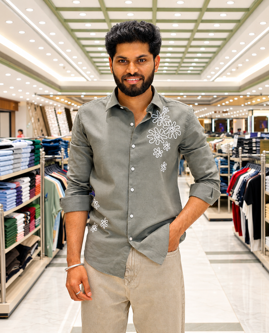 Green Cotton-Blended Casual Shirt, Subtly Sparkled with Flower Thread Outline Embroidery, Featuring a Spread Collar, Full Sleeves, Slim Fit, and Regular Length