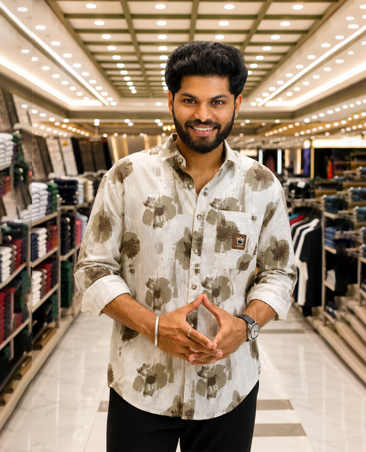 Cream Cotton-Blended Casual Shirt Featuring Abstract Print, a Spread Collar, Full Sleeves, Oversized Fit, and Regular Length