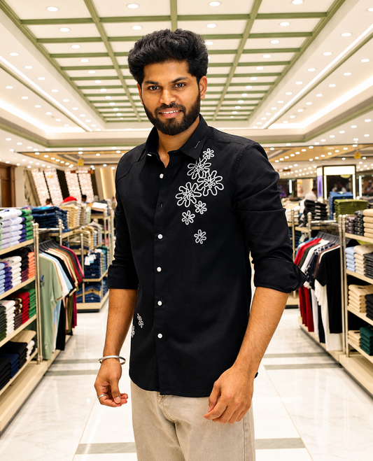 Black Cotton-Blended Casual Shirt, Accentuated with Flower Thread Outline Embroidery, Featuring a Spread Collar, Full Sleeves, Slim Fit, and Regular Length
