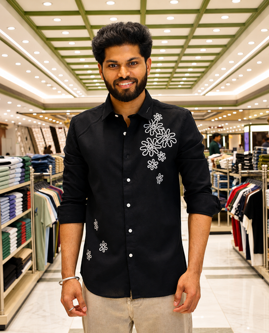Black Cotton-Blended Casual Shirt, Accentuated with Flower Thread Outline Embroidery, Featuring a Spread Collar, Full Sleeves, Slim Fit, and Regular Length