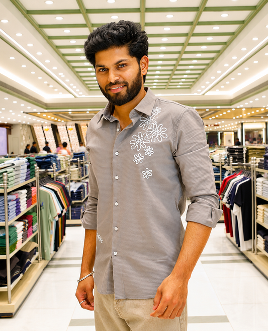 Grey Cotton-Blended Casual Shirt, Adorned with Flower Thread Outline Embroidery, Featuring a Spread Collar, Full Sleeves, Slim Fit, and Regular Length