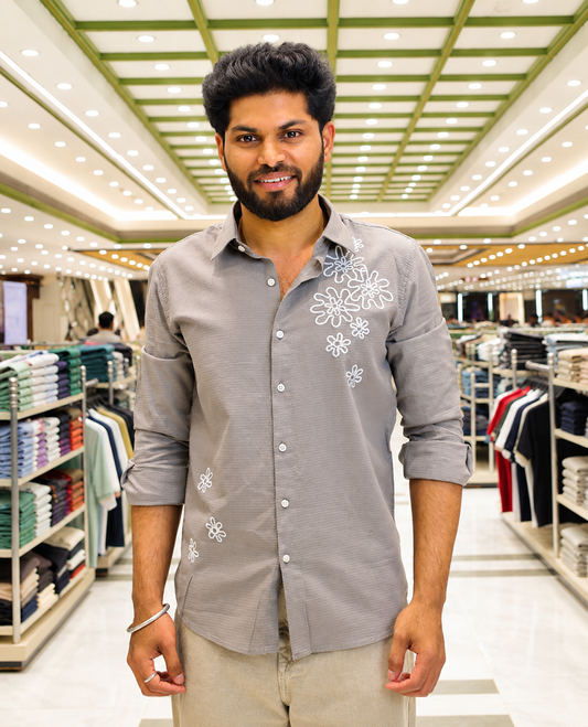 Grey Cotton-Blended Casual Shirt, Adorned with Flower Thread Outline Embroidery, Featuring a Spread Collar, Full Sleeves, Slim Fit, and Regular Length
