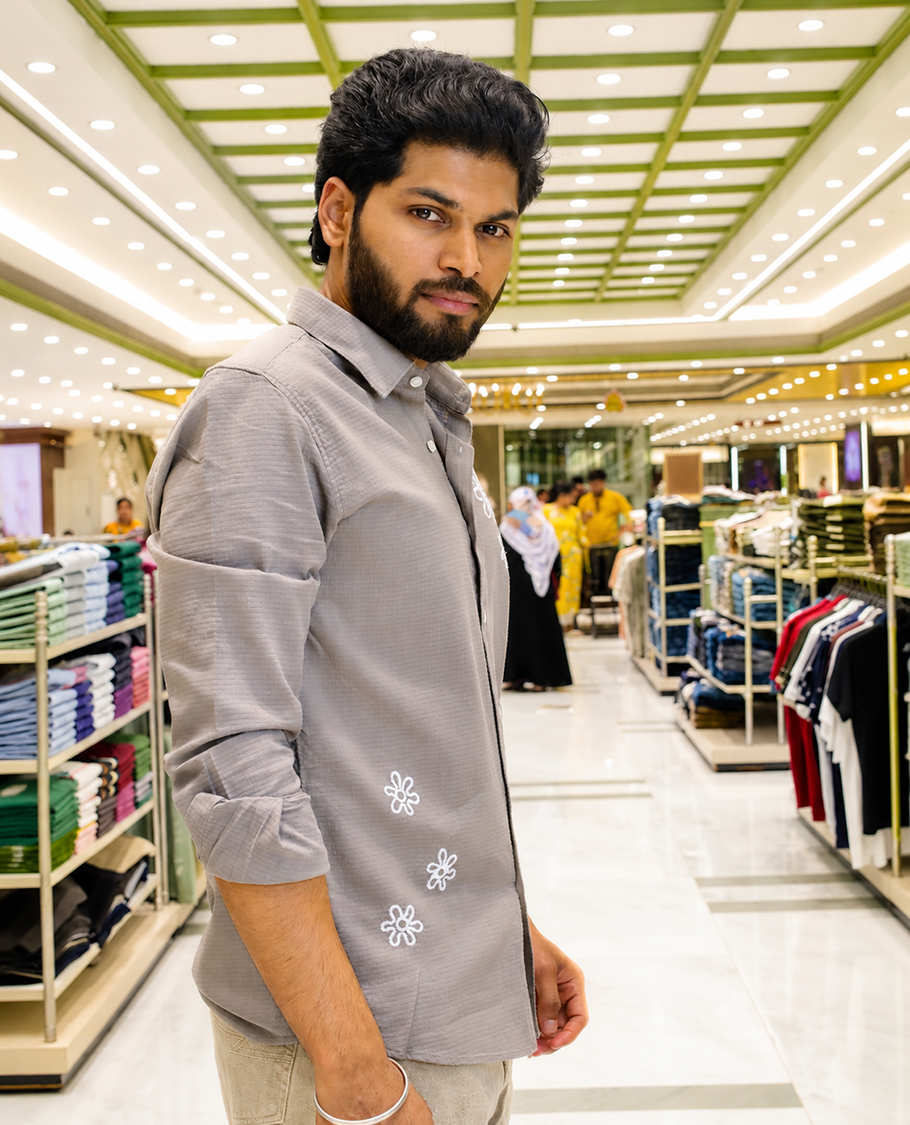 Grey Cotton-Blended Casual Shirt, Adorned with Flower Thread Outline Embroidery, Featuring a Spread Collar, Full Sleeves, Slim Fit, and Regular Length