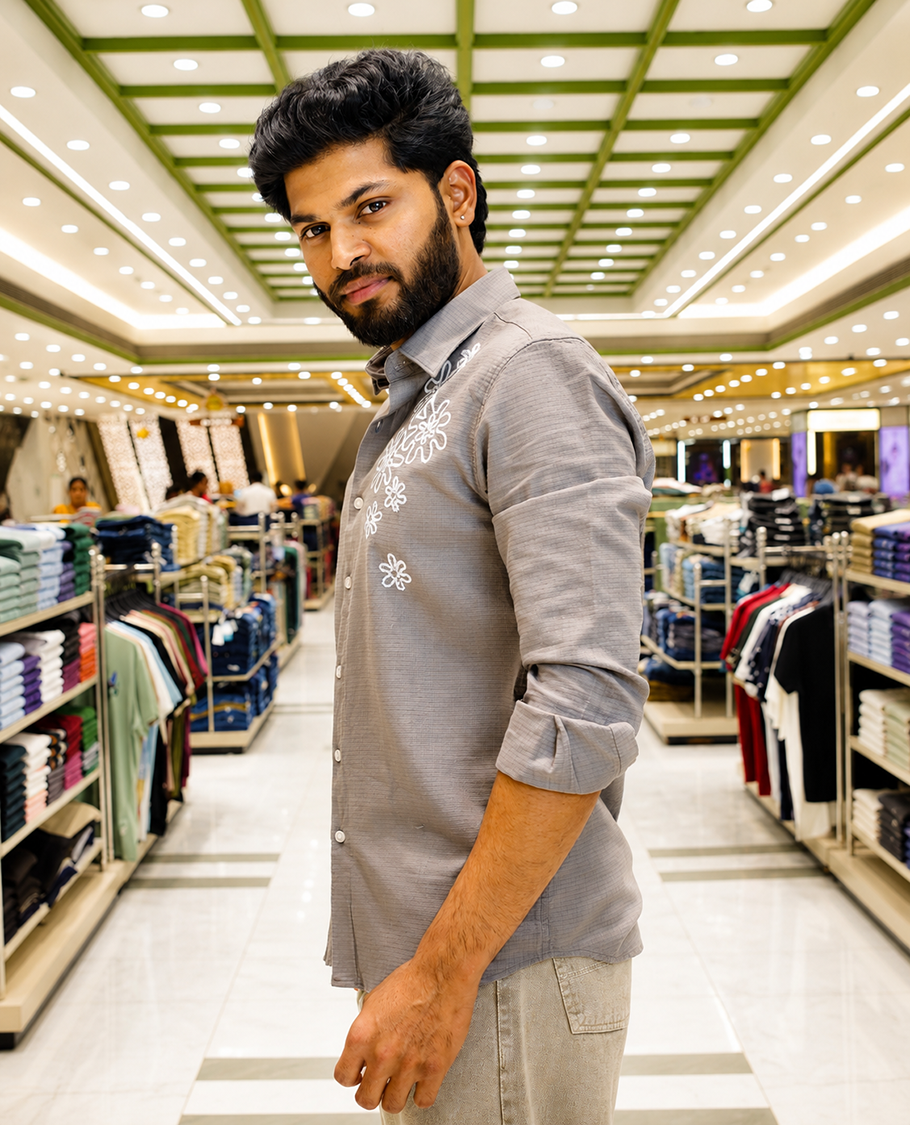 Grey Cotton-Blended Casual Shirt, Adorned with Flower Thread Outline Embroidery, Featuring a Spread Collar, Full Sleeves, Slim Fit, and Regular Length