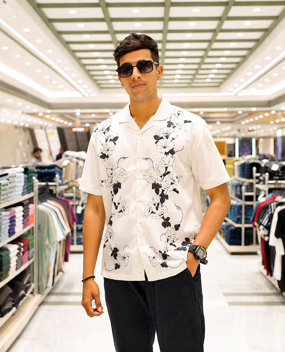 White Cotton-Blended Casual Shirt, Adorned with Floral Print and Embroidery, Featuring a Cuban Collar, Half Sleeves, Slim Fit, and Regular Length