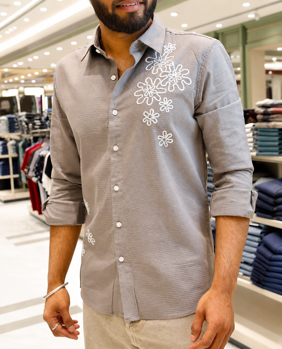 Grey Cotton-Blended Casual Shirt, Adorned with Flower Thread Outline Embroidery, Featuring a Spread Collar, Full Sleeves, Slim Fit, and Regular Length