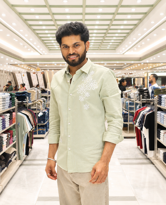 Light Green Cotton-Blended Casual Shirt, Adorned with Flower Thread Outline Embroidery, Featuring a Spread Collar, Full Sleeves, Slim Fit, and Regular Length
