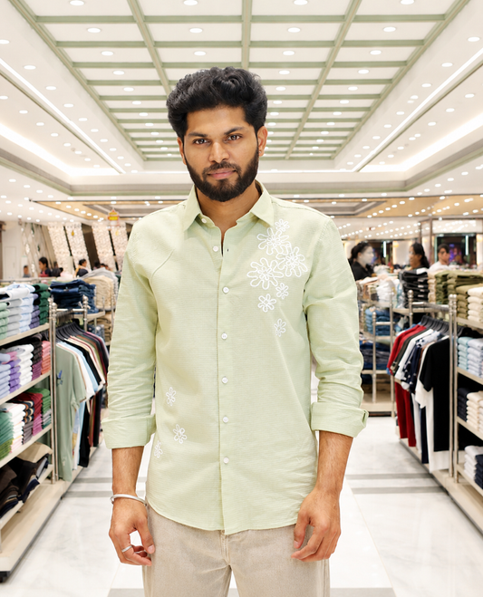 Light Green Cotton-Blended Casual Shirt, Adorned with Flower Thread Outline Embroidery, Featuring a Spread Collar, Full Sleeves, Slim Fit, and Regular Length