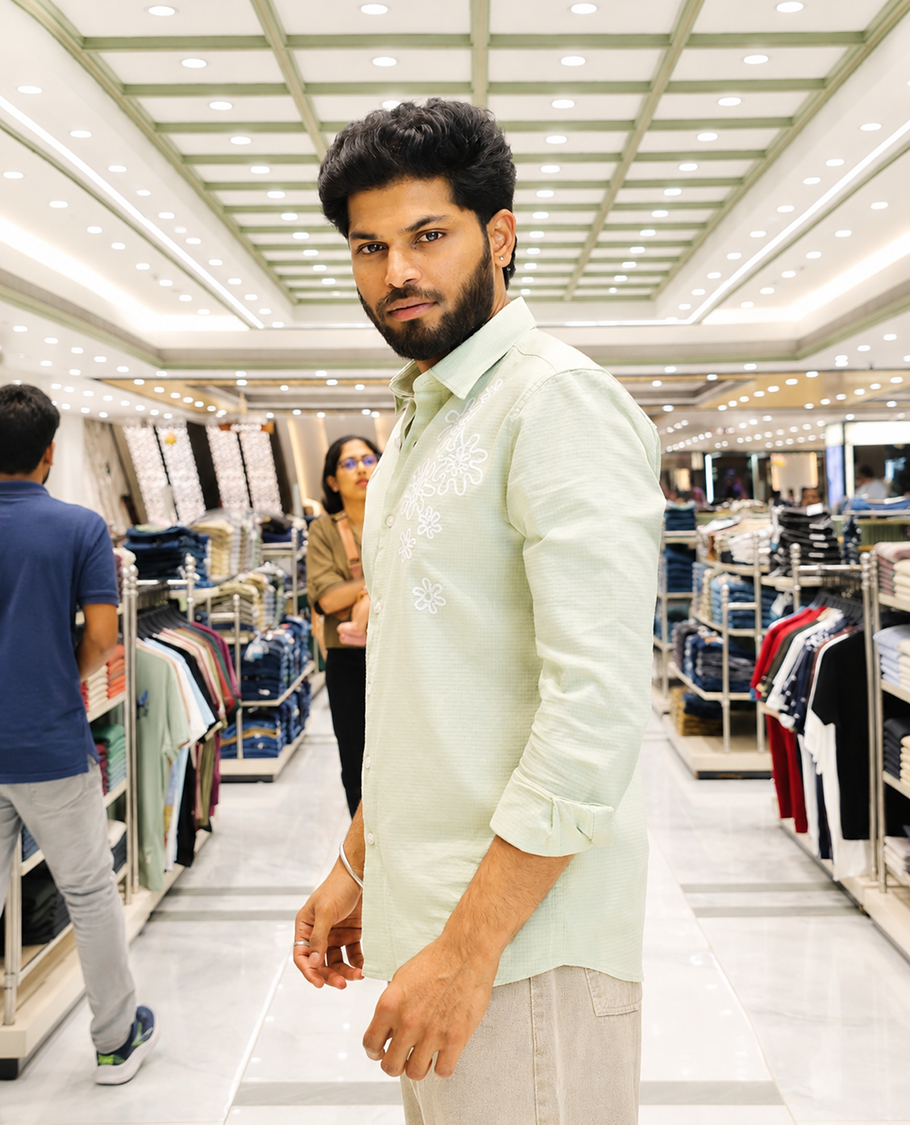 Light Green Cotton-Blended Casual Shirt, Adorned with Flower Thread Outline Embroidery, Featuring a Spread Collar, Full Sleeves, Slim Fit, and Regular Length