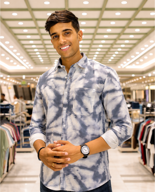 Blue Cotton-Blended Acid-Washed Casual Shirt, Uniquely Featuring Abstract-Style Design, Comes with a Spread Collar, Full Sleeves, Slim Fit, and Regular Length