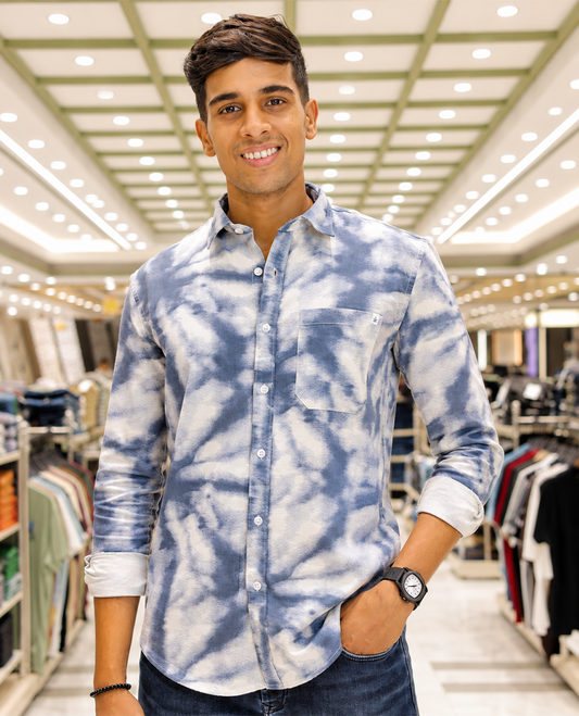 Blue Cotton-Blended Acid-Washed Casual Shirt, Uniquely Featuring Abstract-Style Design, Comes with a Spread Collar, Full Sleeves, Slim Fit, and Regular Length