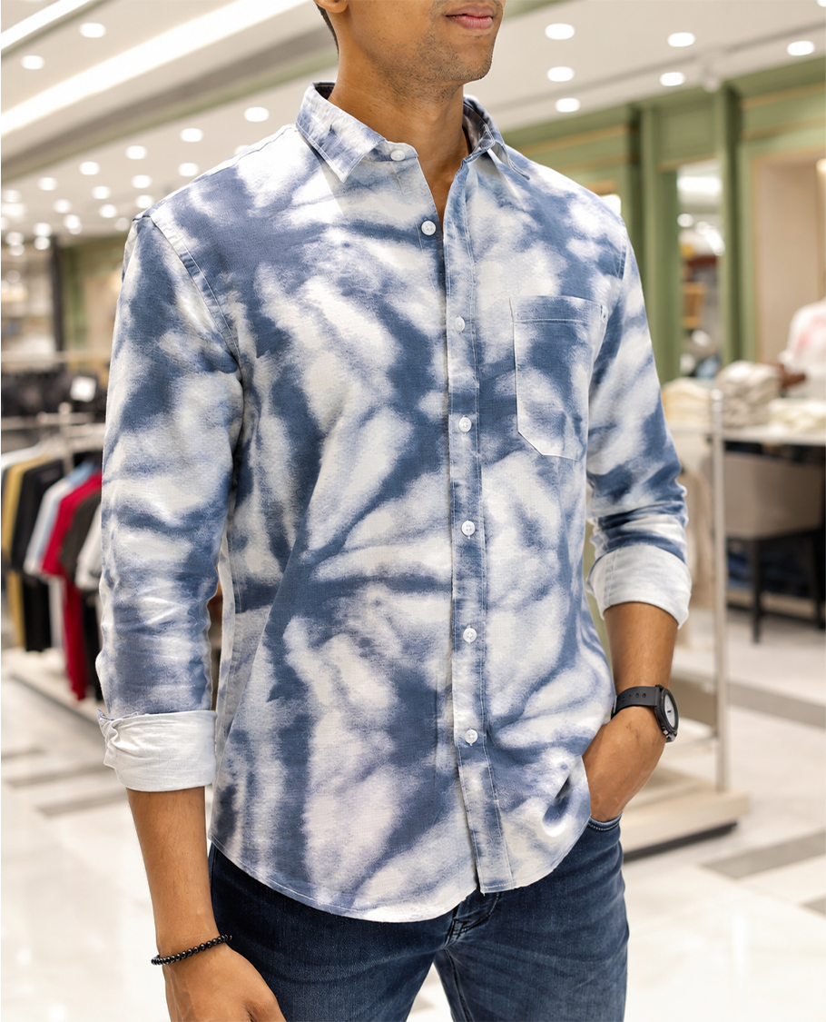 Blue Cotton-Blended Acid-Washed Casual Shirt, Uniquely Featuring Abstract-Style Design, Comes with a Spread Collar, Full Sleeves, Slim Fit, and Regular Length