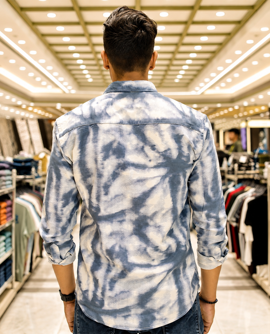 Blue Cotton-Blended Acid-Washed Casual Shirt, Uniquely Featuring Abstract-Style Design, Comes with a Spread Collar, Full Sleeves, Slim Fit, and Regular Length