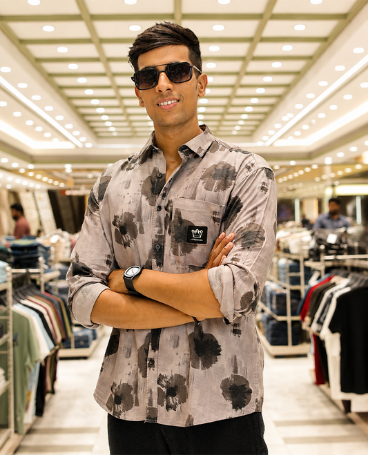 Brown Cotton-Blended Casual Shirt Featuring Abstract Print, a Spread Collar, Full Sleeves, Oversized Fit, and Regular Length