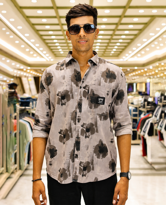 Brown Cotton-Blended Casual Shirt Featuring Abstract Print, a Spread Collar, Full Sleeves, Oversized Fit, and Regular Length