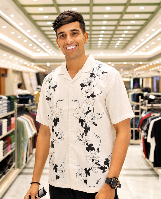 White Cotton-Blended Casual Shirt, Adorned with Floral Print and Embroidery, Featuring a Cuban Collar, Half Sleeves, Slim Fit, and Regular Length